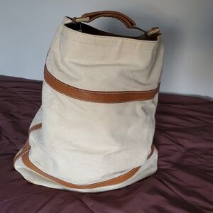 Barneys New York Cream and Tan Duffel Bag with Leather Accents With Staining